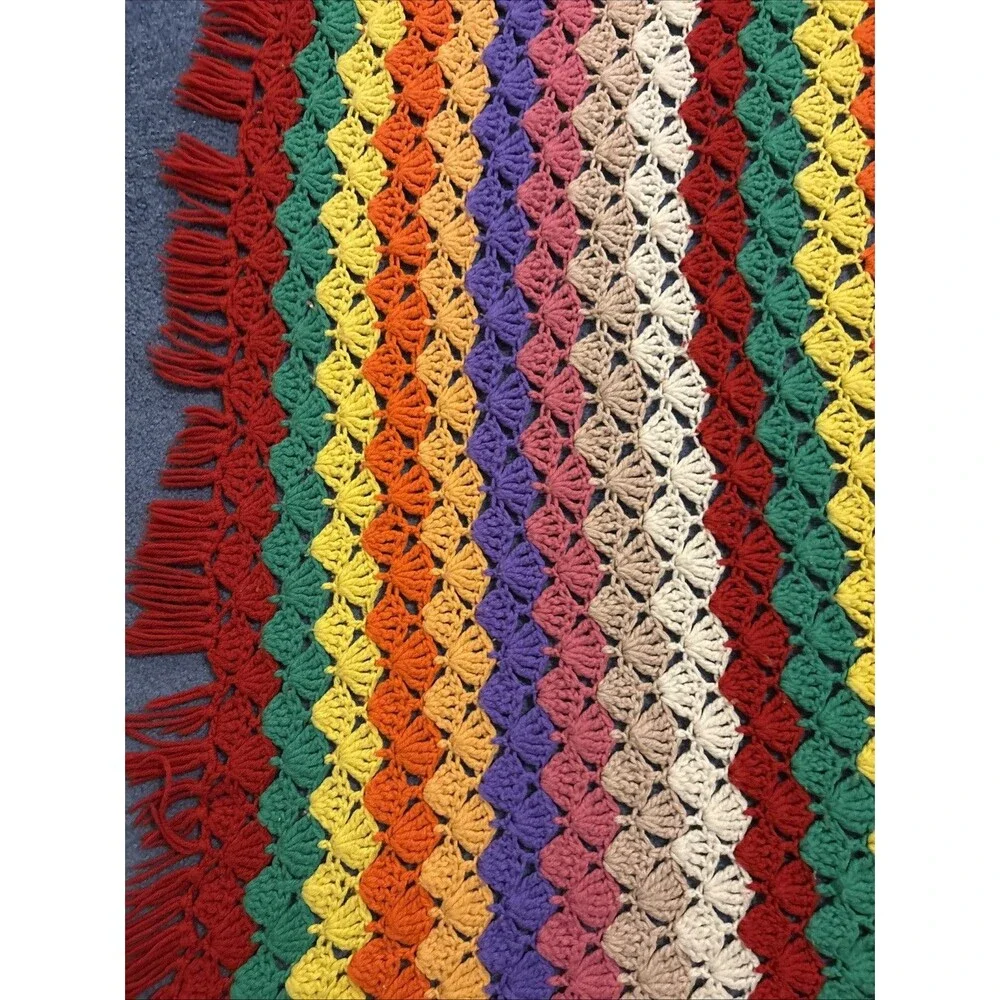 Handmade Crochet Blanket Afghan 63x43 Inches Multicolored Shell Or Fan Stitch